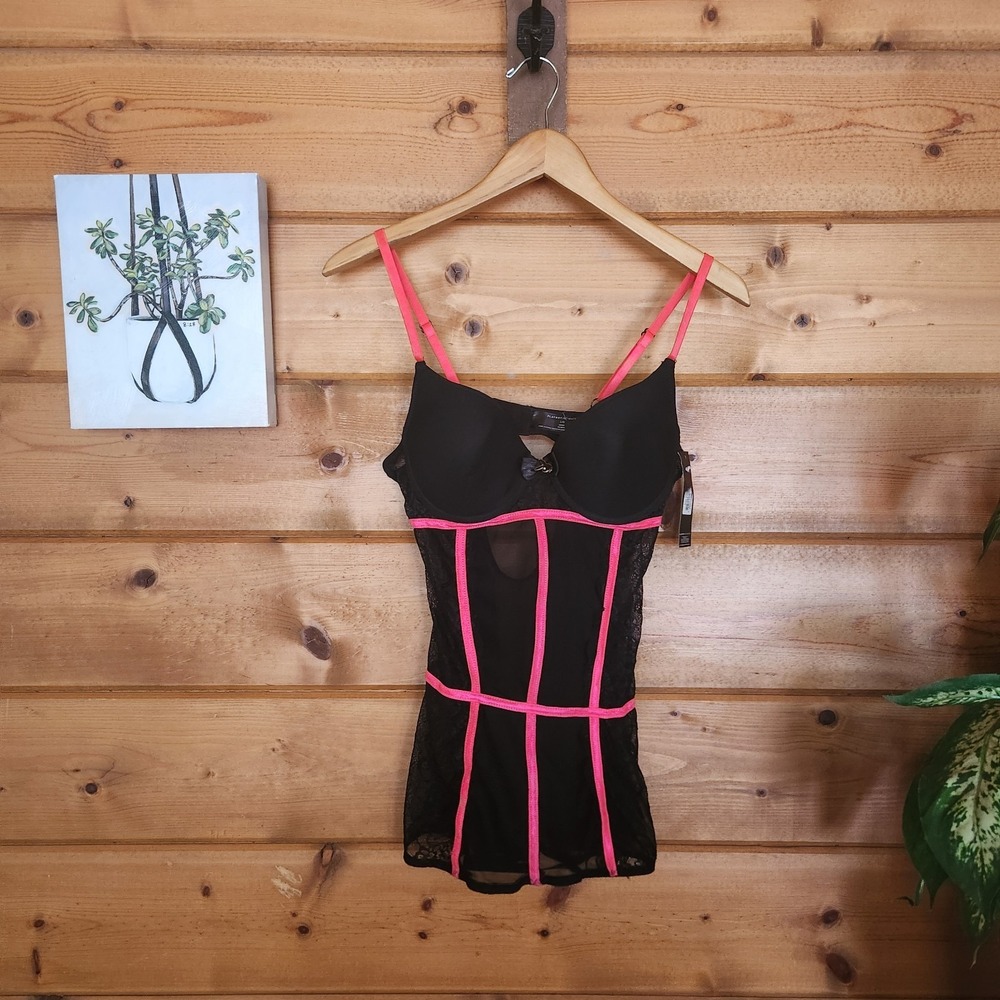 Playboy Intimates Lingerie Pink Black Lace Corset Bustier Bra Bunny Charm Size L